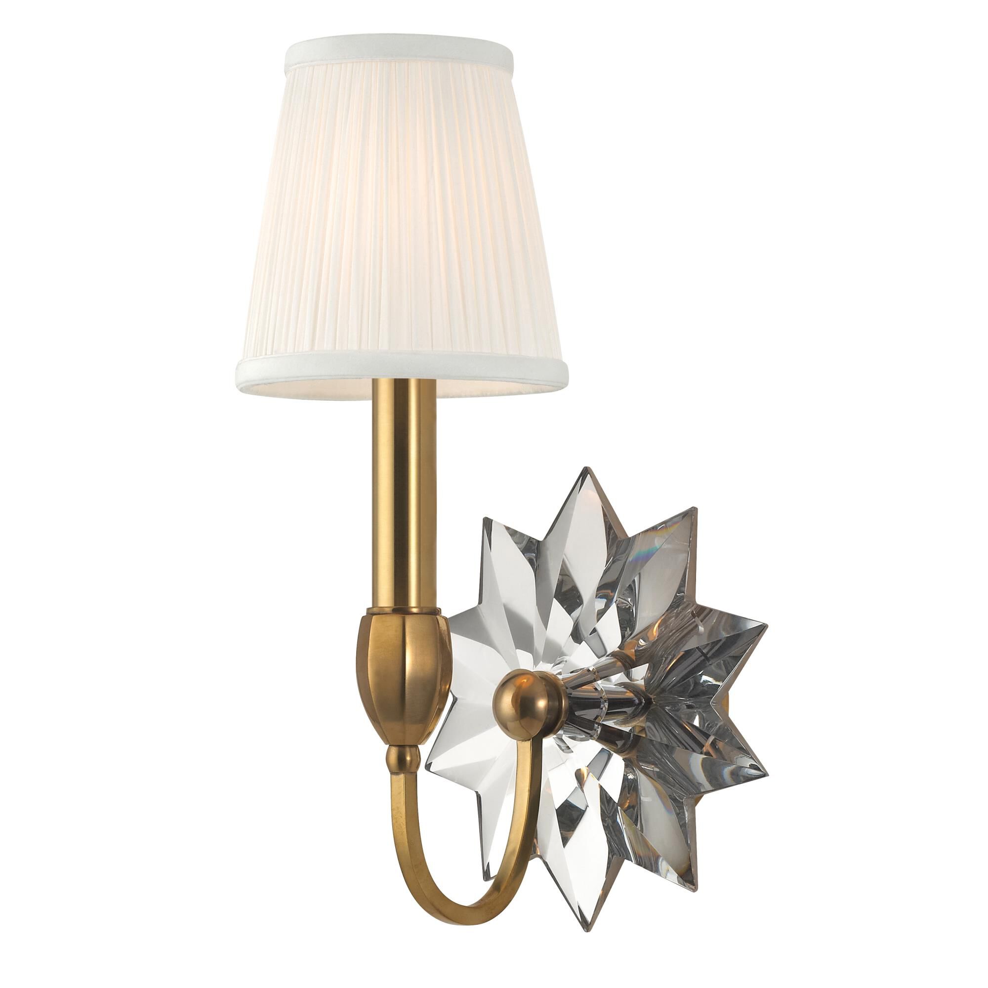 Shown in Aged Brass finish and White Pleated Silk shade